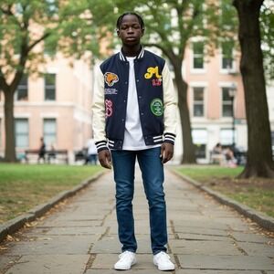 BoohooMAN Mens Small Navy Cream Varsity Bomber Jacket Quilted‎ Leather Sleeves